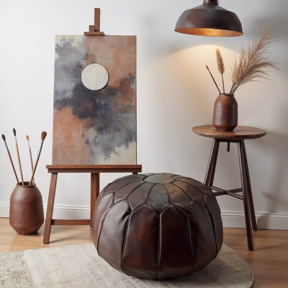 Moroccan leather pouf styled with artistic decor