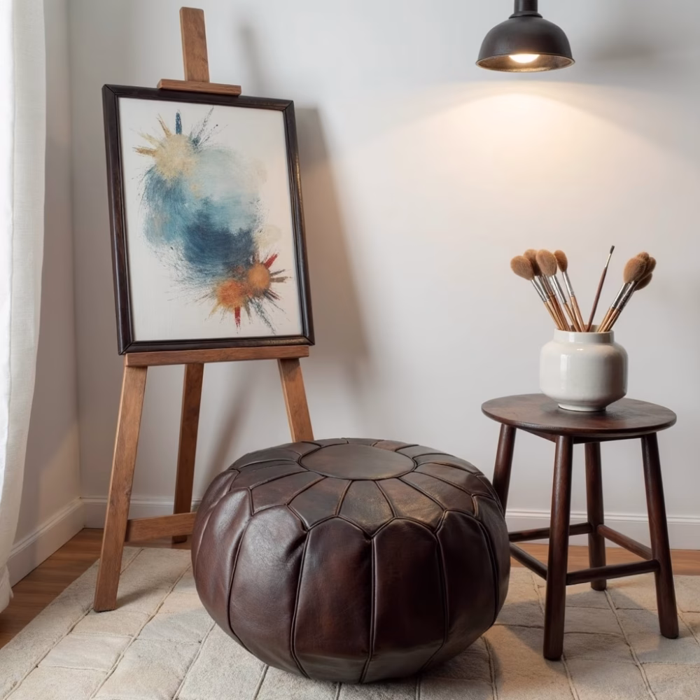 Dark brown ottoman pouf in artist studio setting