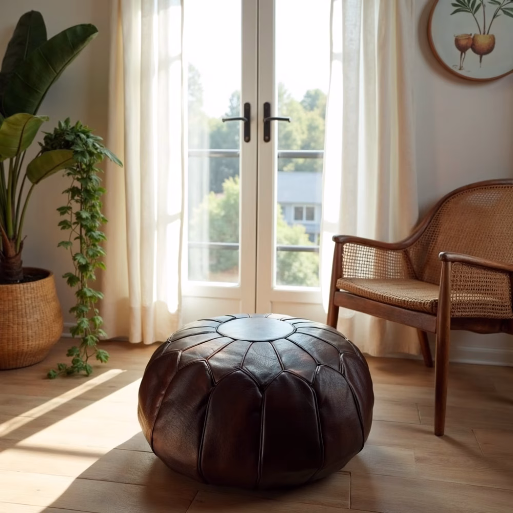 Classic leather ottoman pouf in sunlit room with rattan chair