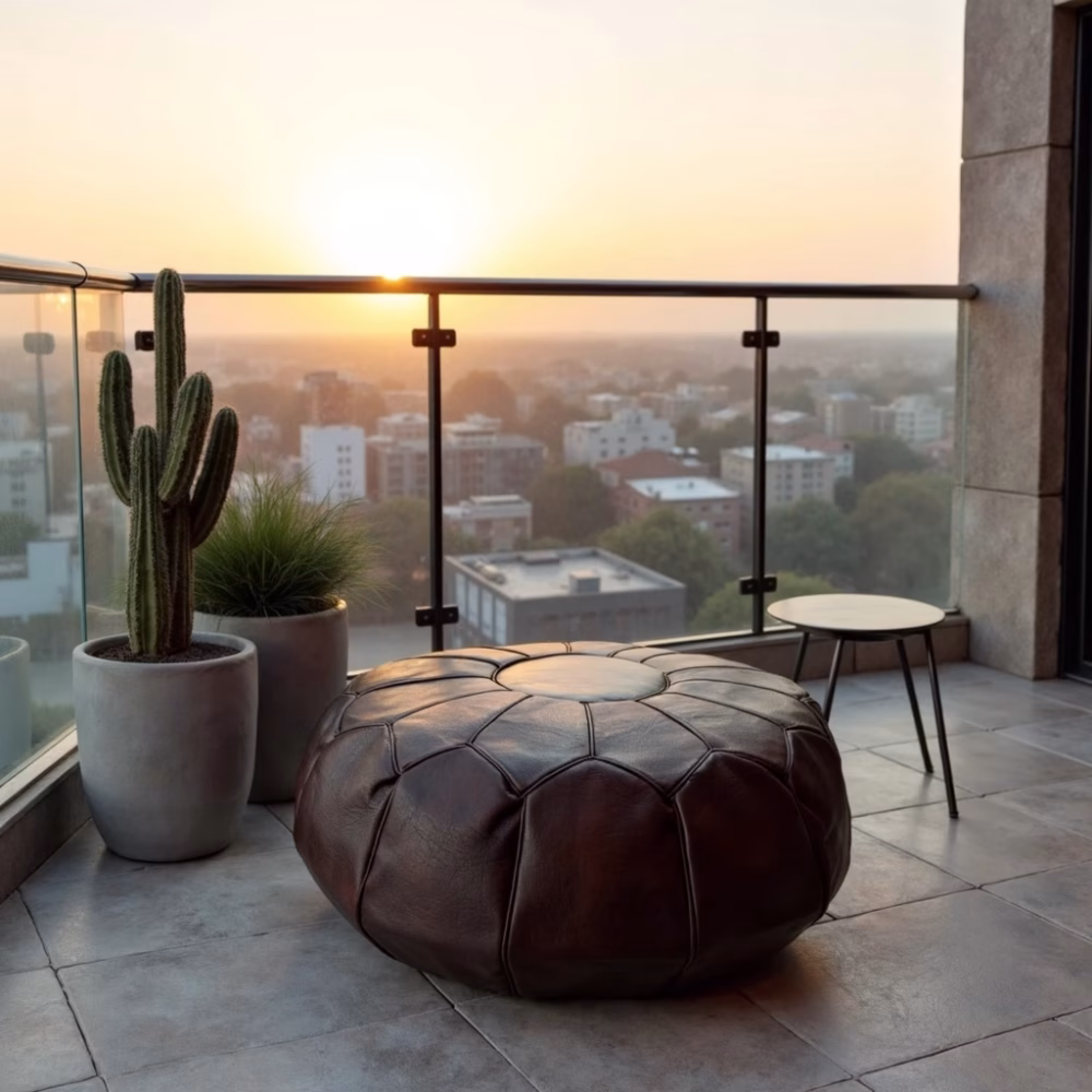 Handcrafted dark brown pouf with city view backdrop