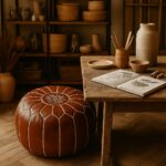 Brown leather floor ottoman pouf near wooden table in artisan studio with natural earth tone decor