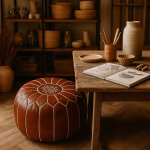 Handcrafted leather pouf brown with intricate stitching, displayed in a sunlit Moroccan living room setting. (2)