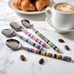 Colorful ceramic tea spoons with multicolor striped handles arranged on marble surface with coffee and croissants