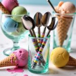 Colorful ceramic tea spoons in glass holder with ice cream sundaes, striped handle dessert spoons for serving
