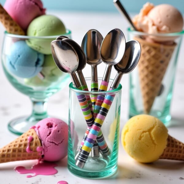 Colorful ceramic tea spoons in glass holder with ice cream sundaes, striped handle dessert spoons for serving