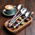 Artisan ceramic tea spoons with colorful striped handles, wooden serving tray with macarons and coffee cup
