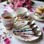 Ceramic tea spoons with vibrant striped handles displayed on vintage floral china with tea cups and roses
