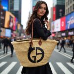Woman in Times Square carrying designer straw tote bag with black embroidered logo