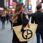 Back view of woman with designer straw tote bag featuring black circle logo and tassel