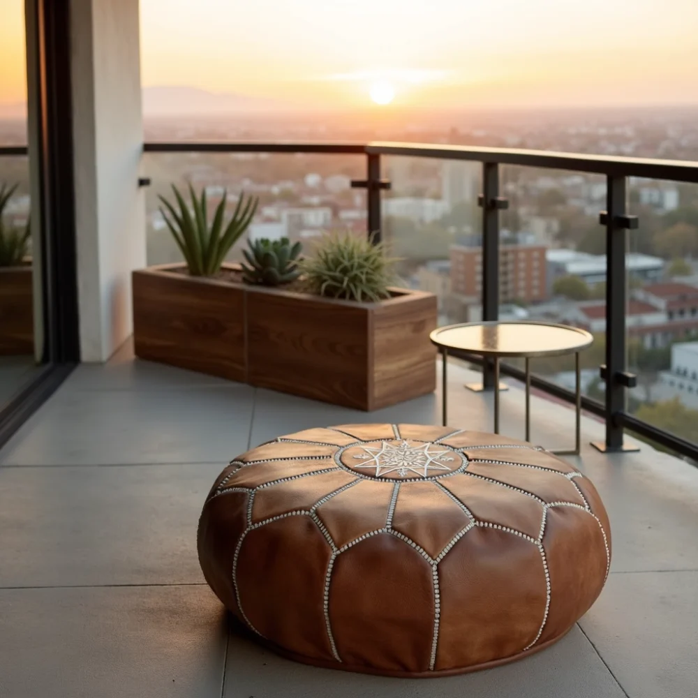 Tan Moroccan leather pouf on outdoor balcony at sunset