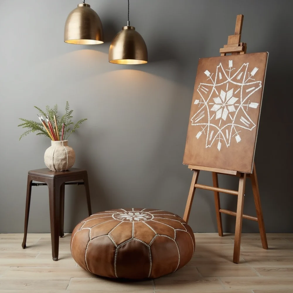 Natural leather pouf with white stitching in artist studio space
