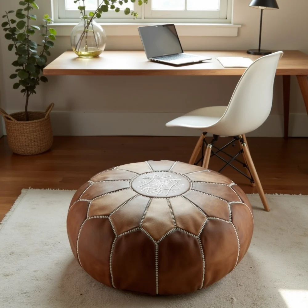 Handcrafted natural leather ottoman in home office setting