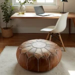 Handcrafted natural leather ottoman in home office setting