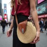 Round straw crossbody bag with brown leather shown with burgundy top in urban setting
