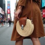 Round straw crossbody bag with leather flap worn with camel coat on city street