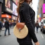 Round straw crossbody bag worn with black blazer, showing circular woven design and leather details