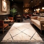 Ivory Beni Ourain rug with geometric diamond motifs in upscale lounge setting with dark walls and pendant lights