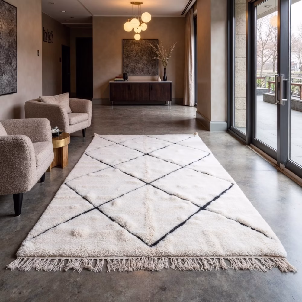 Handmade White Moroccan Beni Ourain Rug - Made with Natural Wool