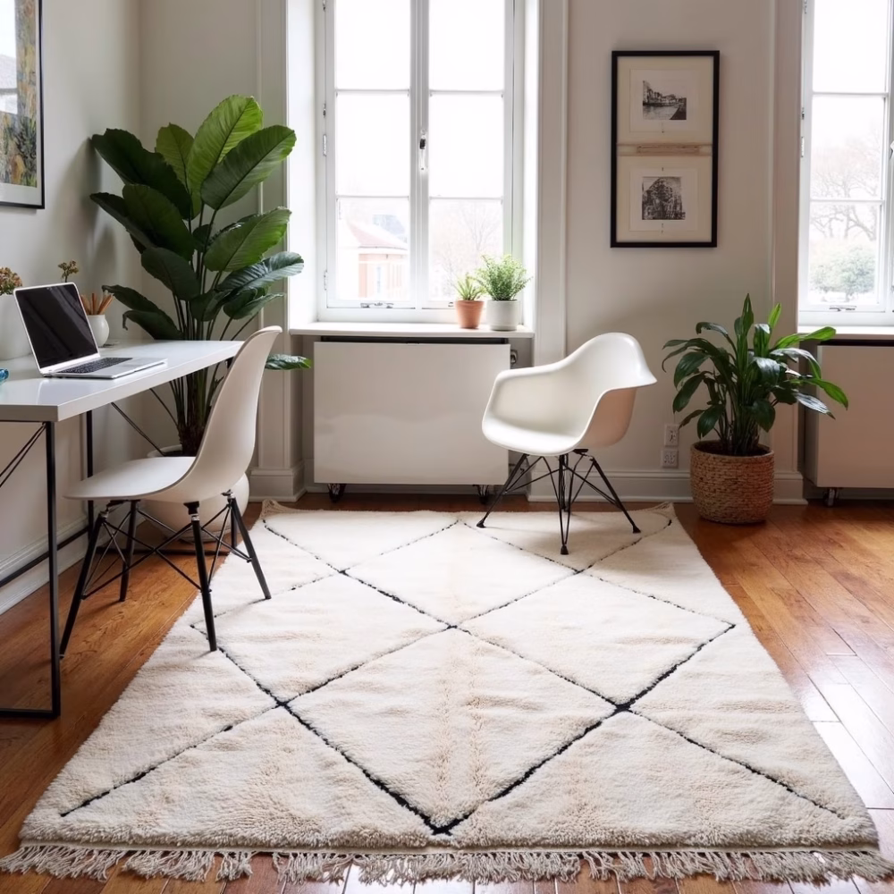 Handmade White Moroccan Beni Ourain Rug - Made with Natural Wool