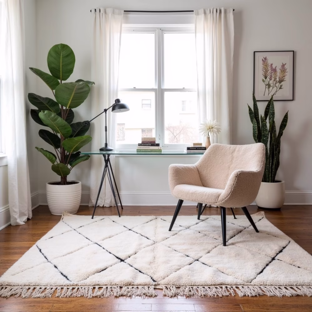 Handmade White Moroccan Beni Ourain Rug - Made with Natural Wool