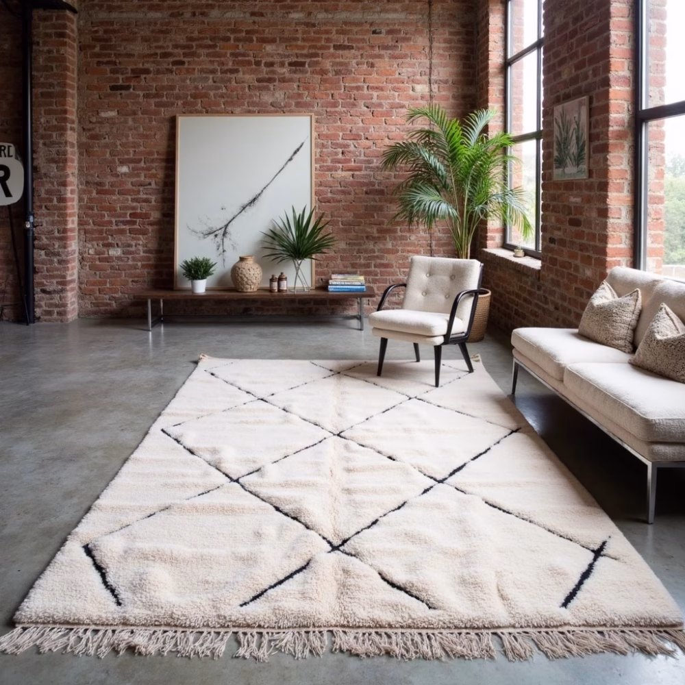 Handmade White Moroccan Beni Ourain Rug - Made with Natural Wool
