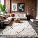 Luxurious Beni Ourain rug with high-pile ivory wool and Berber motifs in industrial setting with exposed brick