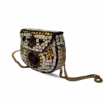 Handmade White Mosaic Purse with Inlaid Black Stone and Gold Chain