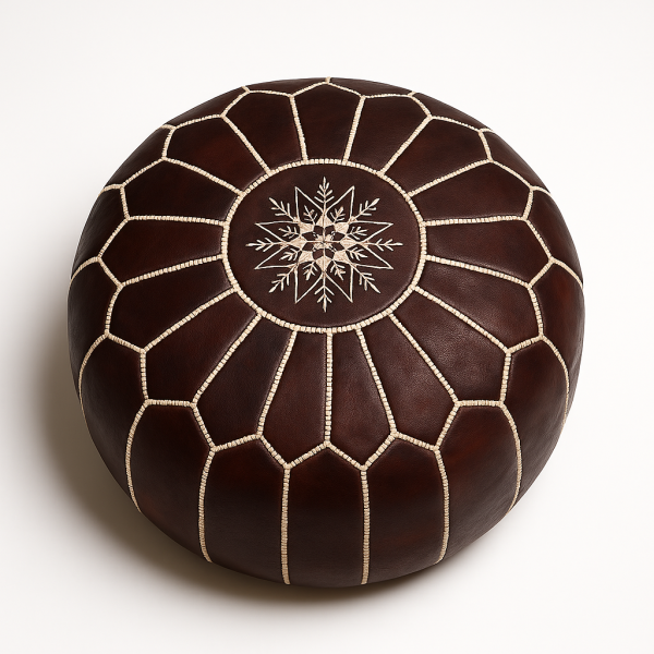 Handmade leather pouf dark brown with intricate white embroidered star design and geometric panel stitching