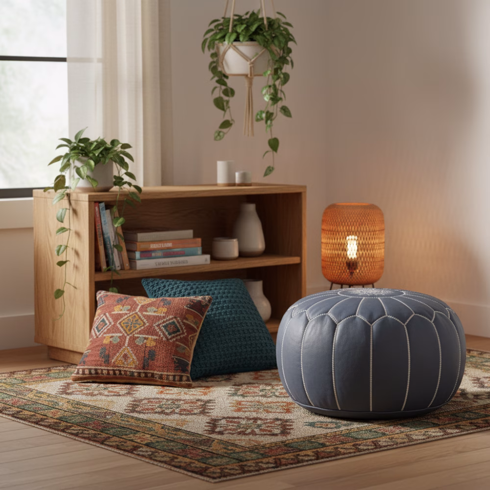 Leather Pouf Gray in a cozy bohemian nook with patterned rug, cushions, and plants.