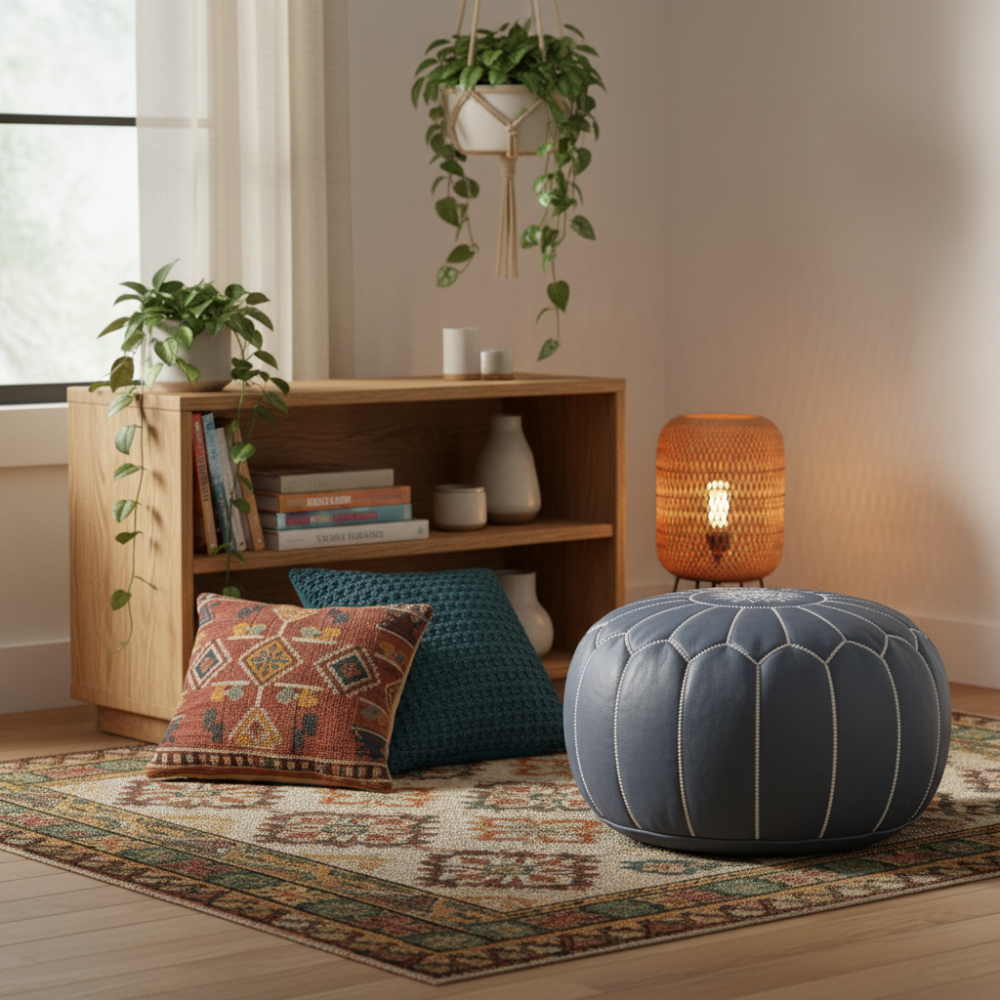 Leather Pouf Gray in a cozy bohemian nook with patterned rug, cushions, and plants.