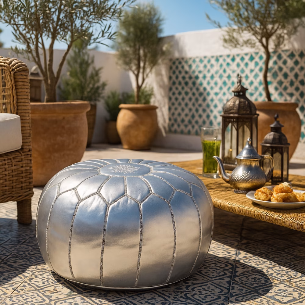 Leather Pouf Silver placed on a tiled patio beside a wicker table with Moroccan tea and pastries.