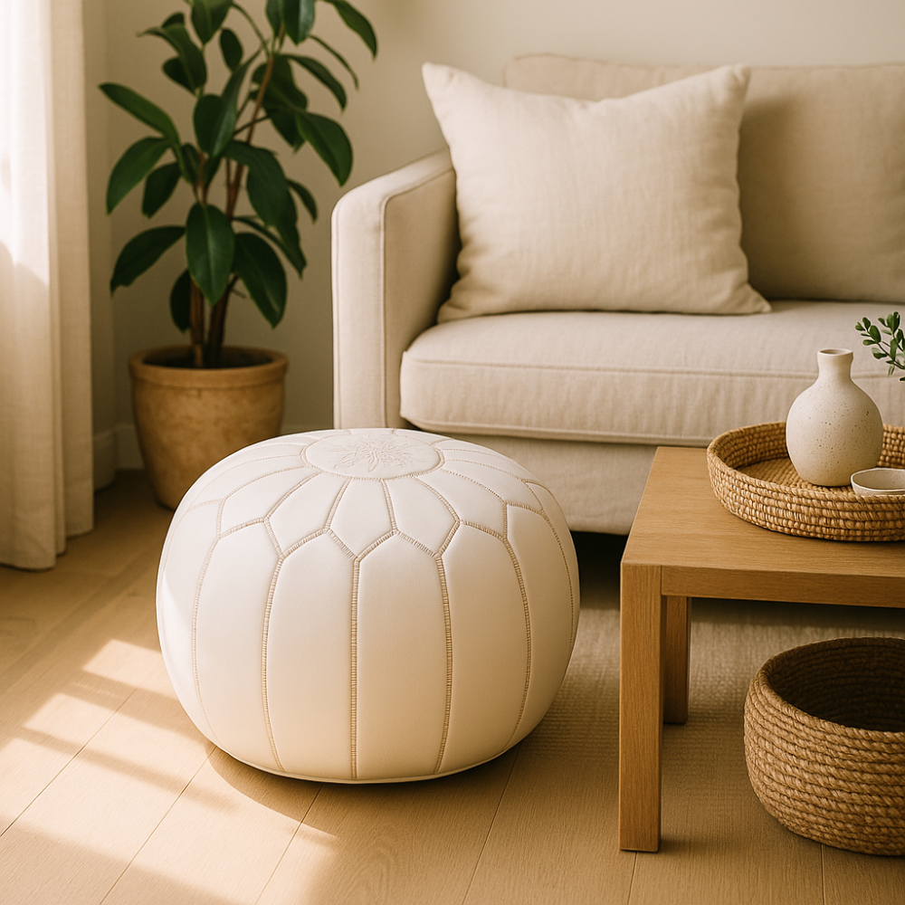 Leather Pouf White in a cozy living room beside a neutral sofa and wooden coffee table.