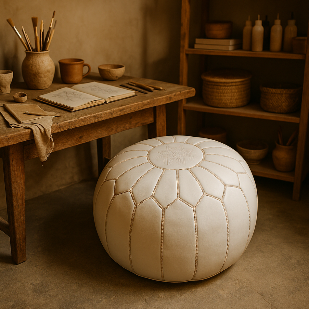 Leather Pouf White in an artisan studio with wooden desk, brushes, and handcraft tools.