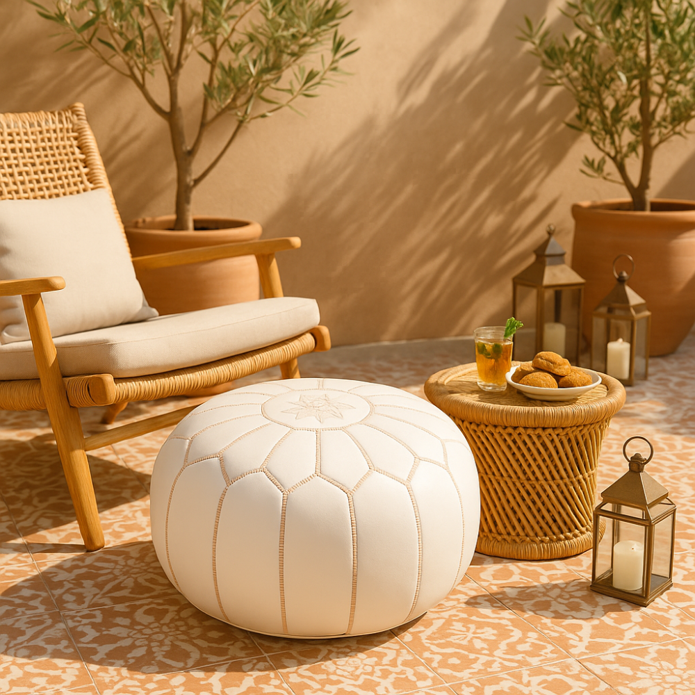 Leather Pouf White on a Moroccan-style terrace with lanterns, tea, and snacks.