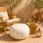 Leather Pouf White on a Moroccan-style terrace with lanterns, tea, and snacks.