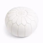 Leather Pouf White with Moroccan star embroidery on top, displayed on a plain background.
