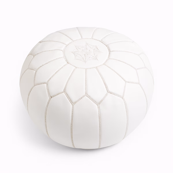 Leather Pouf White with Moroccan star embroidery on top, displayed on a plain background.
