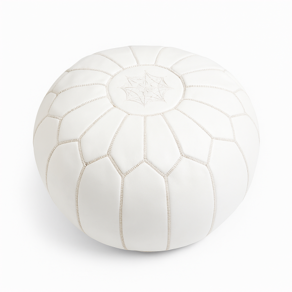 Leather Pouf White with Moroccan star embroidery on top, displayed on a plain background.
