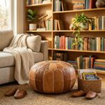Cozy reading nook with a Leather Round Ottoman centered between a beige sofa and a floor-to-ceiling wooden bookshelf filled with books.