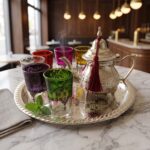 Steaming mint tea served in a hand-engraved silver tea set multicolor glasses, featuring a silver teapot with a red tassel and six vibrant patterned glasses on a decorative tray, resting on a white marble table with fresh mint leaves in a warmly lit cafe setting.