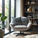 Black geometric pillow covers on modern accent chair