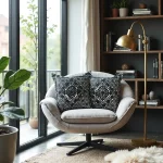 Black geometric pillow covers on modern accent chair