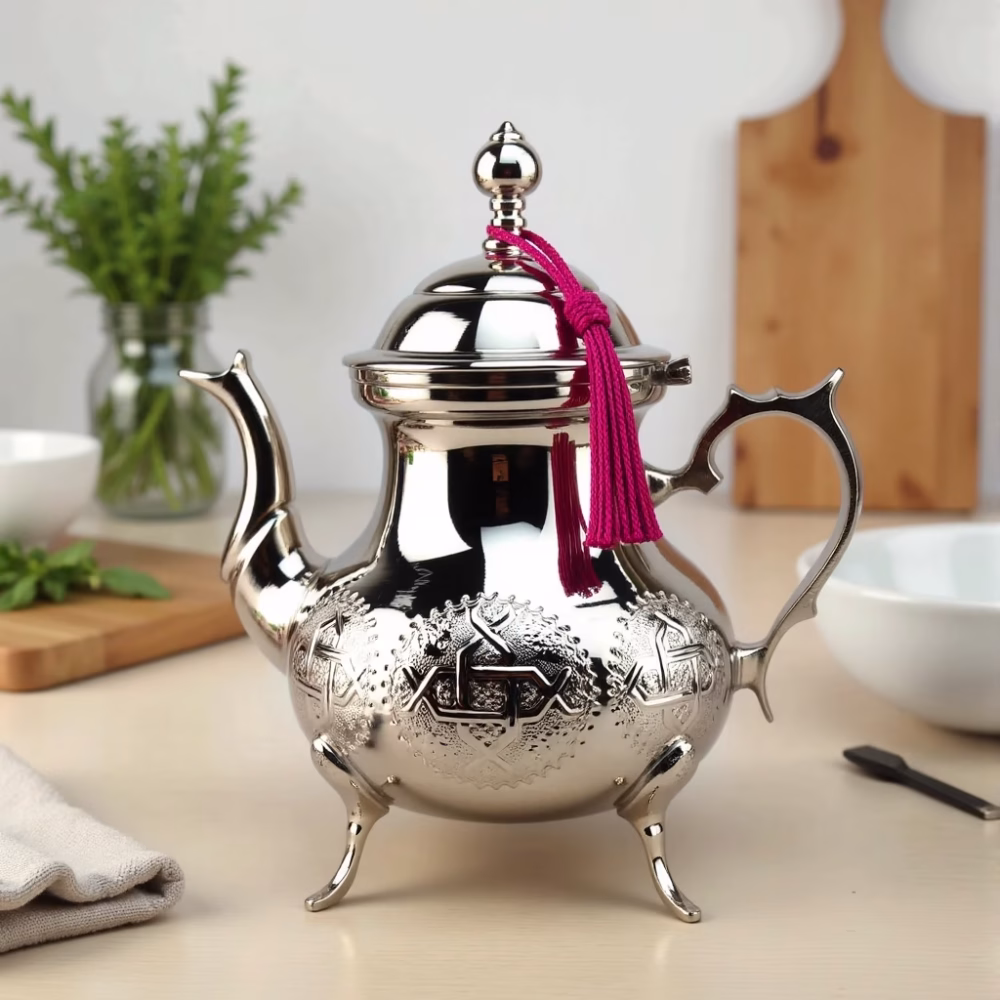 Silver teapot with pink tassel in kitchen setting