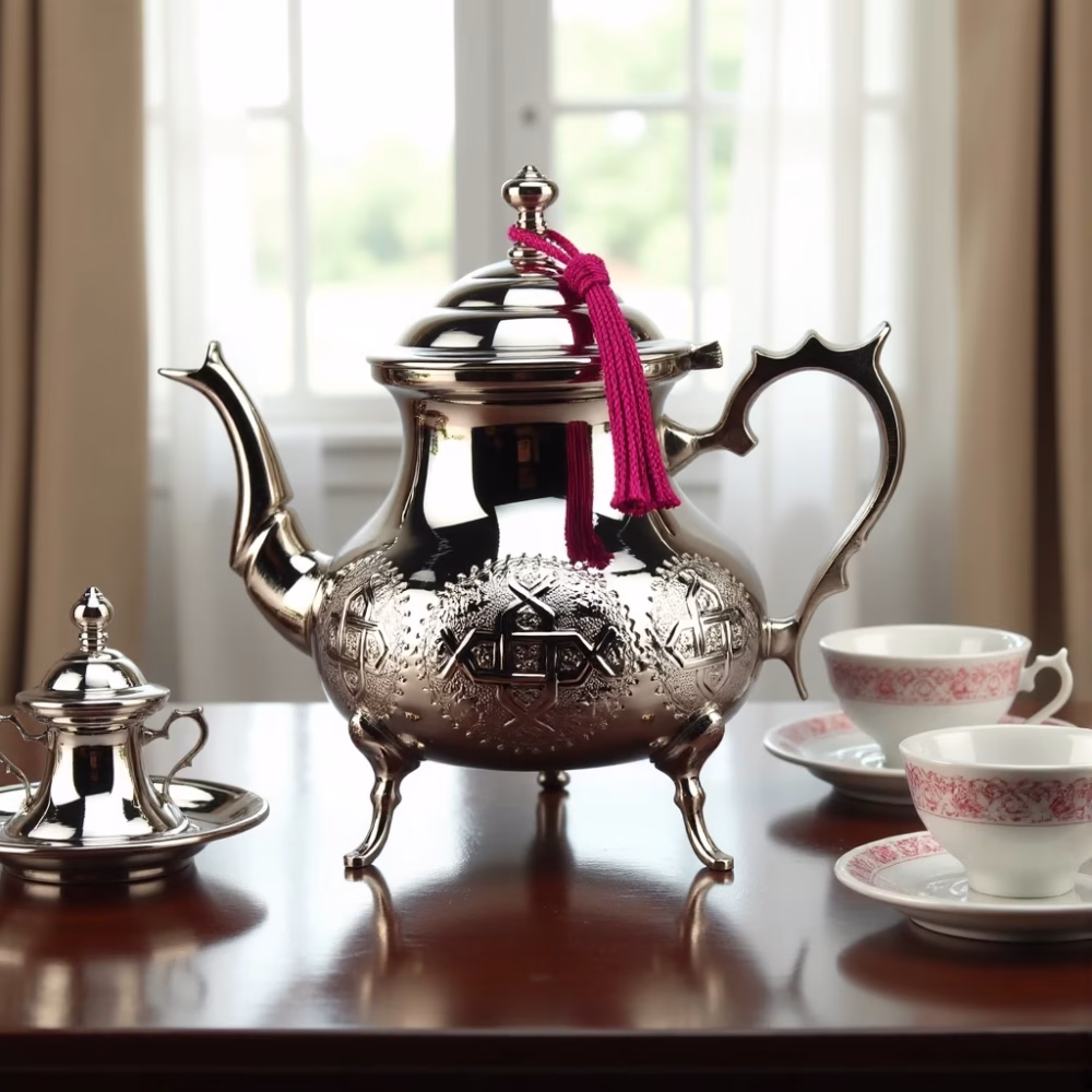 Hand-engraved Moroccan teapot on wooden table