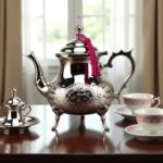 Curved spout and handle detail on a silver teapot 1.5l engraved silver-plated brass with geometric motifs