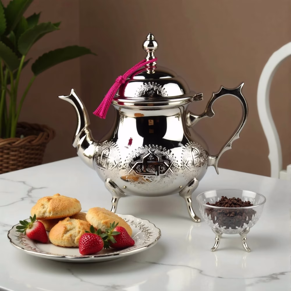 Traditional silver teapot with fresh berries and pastries
