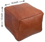 Square leather ottoman 16x16x13 inch dimensions shown in cognac finish handmade floor pouf
