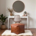 Square leather ottoman 16 inch cognac pouf under white vanity desk with round mirror and chair