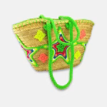 Bright green straw basket bag with star embroidery on white background
