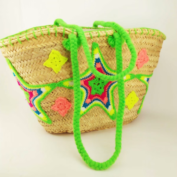 Moroccan Straw Basket Bag With Cotton Handles , Embroidered